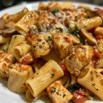 Close-up view of a bowl of Chicken Tomato Pasta with vibrant colors.