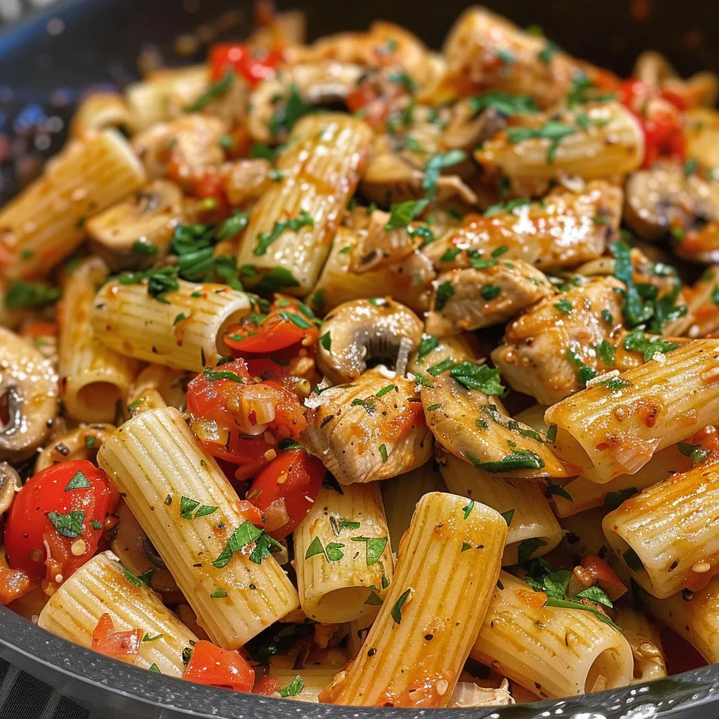 Side angle of Chicken Tomato Pasta showcasing chicken, tomatoes, and herbs.