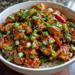 Close-up view of juicy Chili Garlic Chicken with vibrant vegetables.