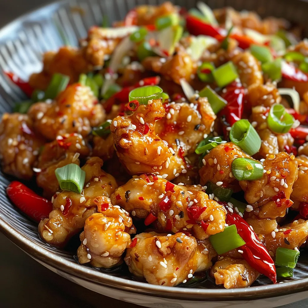 Plate of deliciously cooked Chili Garlic Chicken garnished with red chilies and spring onions.