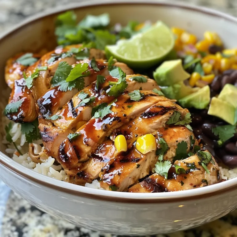 Close-up view of a colorful Citrus Honey Lime Chicken and Avocado Rice Bowl.