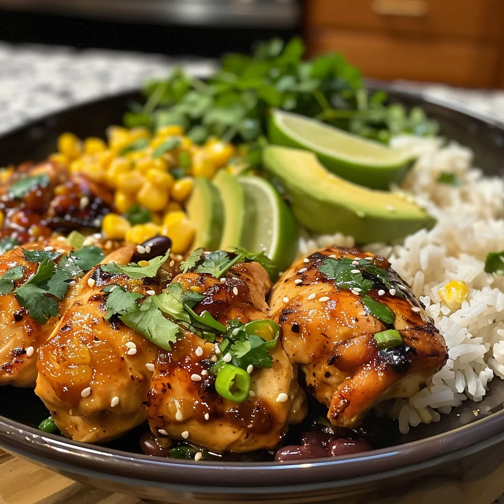 Side view of a bowl filled with chicken, rice, avocado, corn, and beans.