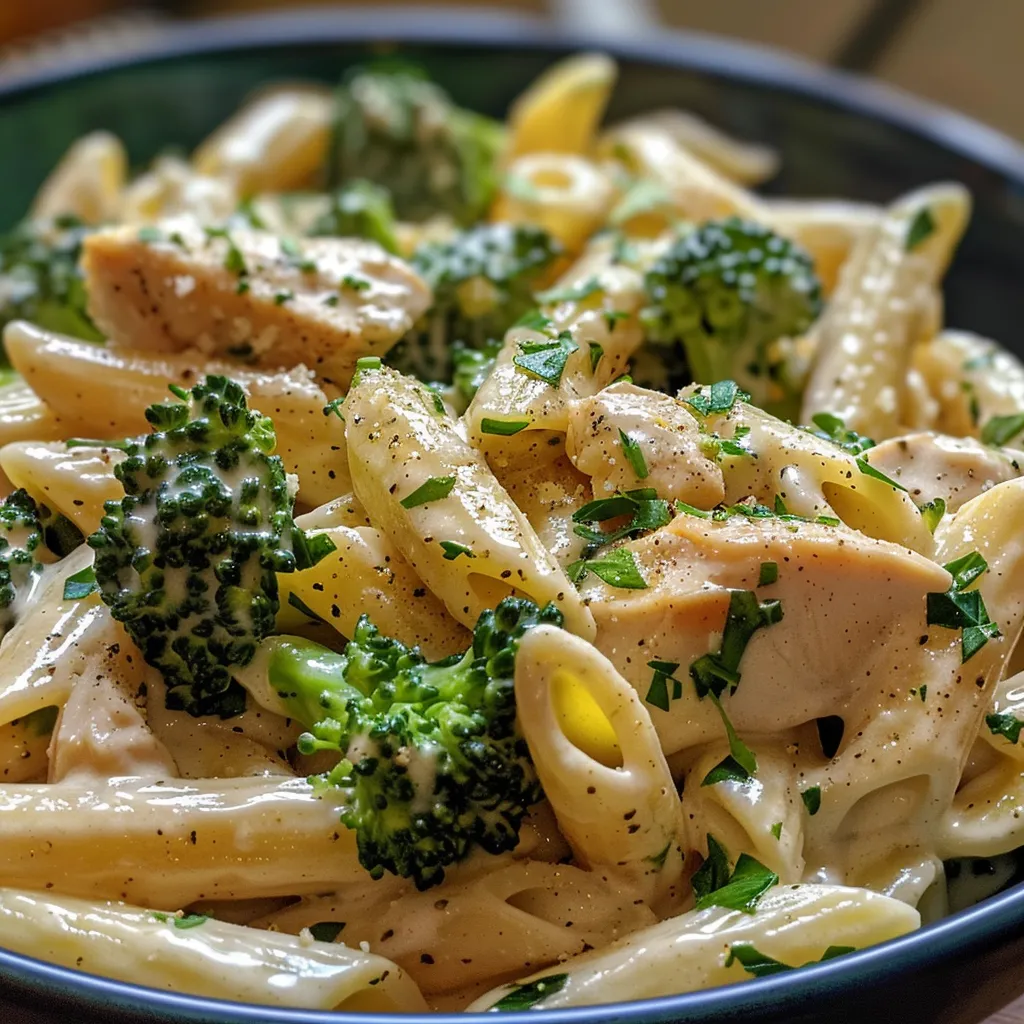 Side angle of a serving of creamy penne pasta with broccoli and chicken.