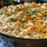 Close-up of a creamy chicken Alfredo rice casserole with melted cheese on top.