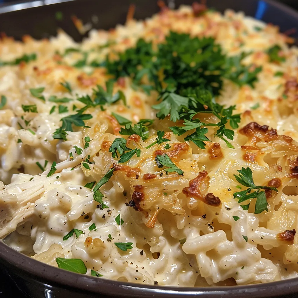 Side view of a delicious baked chicken Alfredo rice dish, showcasing layers of sauce and rice.