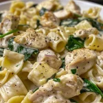 Close-up of creamy chicken and spinach pasta with visible chunks of chicken and vibrant spinach.
