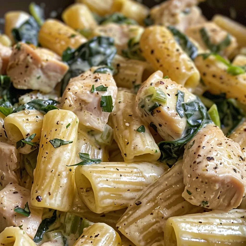 Side view of a bowl filled with creamy chicken and spinach pasta, highlighting the rich sauce and fresh ingredients.