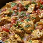 Close-up view of a creamy chicken dish with vibrant tomatoes and herbs.