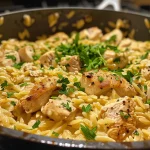 Close-up view of creamy chicken orzo in a bowl, highlighting its rich textures.