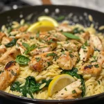 A close-up view of creamy chicken orzo with spinach and lemon, showcasing tender chicken pieces and fresh herbs.