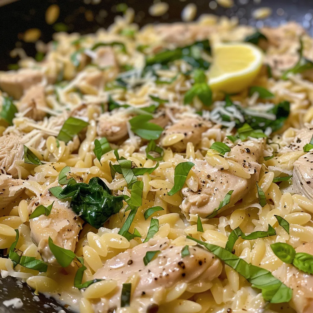 A side perspective of creamy chicken orzo dish, highlighting its rich texture and vibrant green spinach.