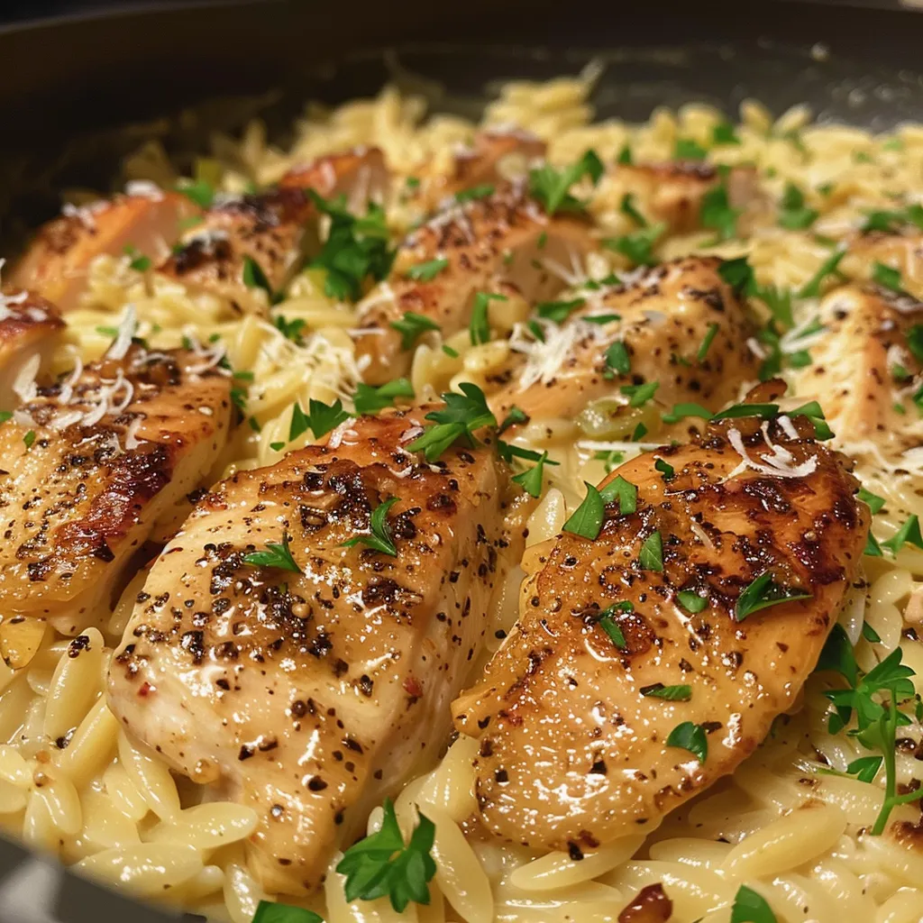 A side view of creamy chicken orzo, featuring tender pieces of chicken and vibrant spinach.