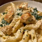 Close-up view of creamy chicken spinach pasta garnished with Parmesan cheese.