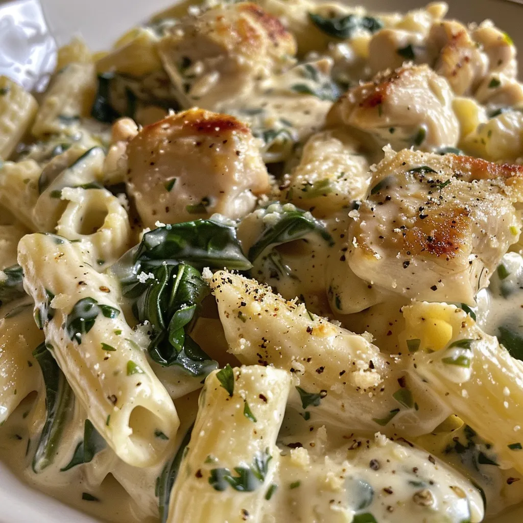 Bowl of creamy chicken spinach pasta featuring juicy chicken and fresh spinach.