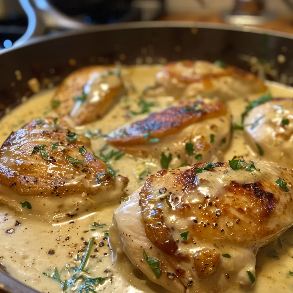 Juicy chicken breasts in a creamy Dijon sauce, garnished with thyme.