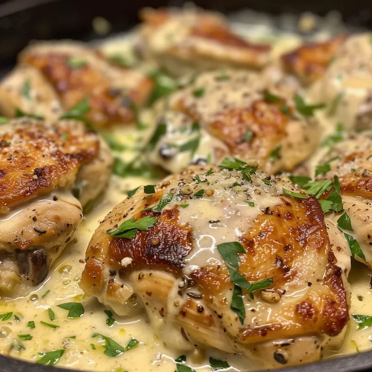 Close-up view of a creamy garlic butter chicken skillet with succulent chicken breasts.