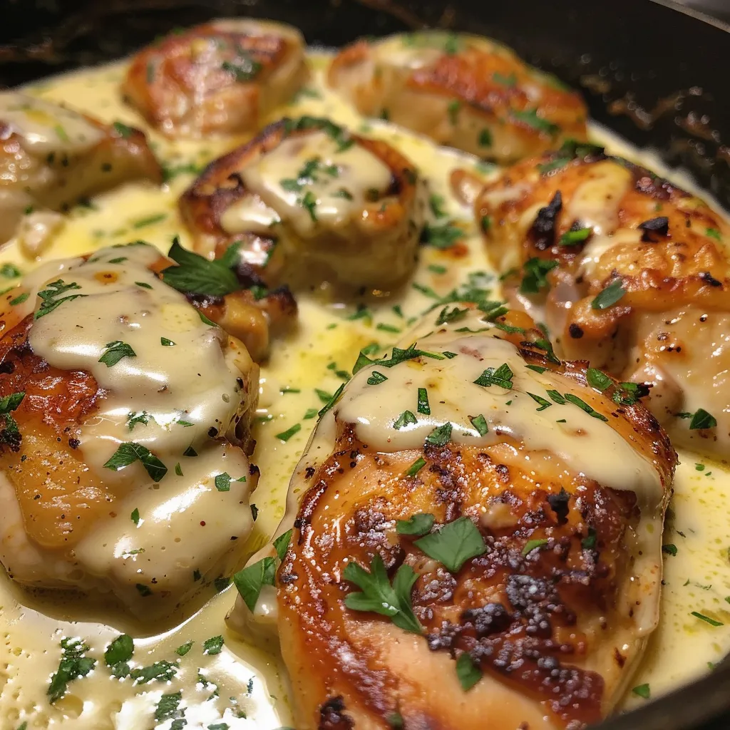 Juicy chicken breasts in a rich, creamy garlic sauce garnished with parsley.