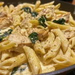 Close-up view of creamy garlic chicken atop spinach penne pasta.