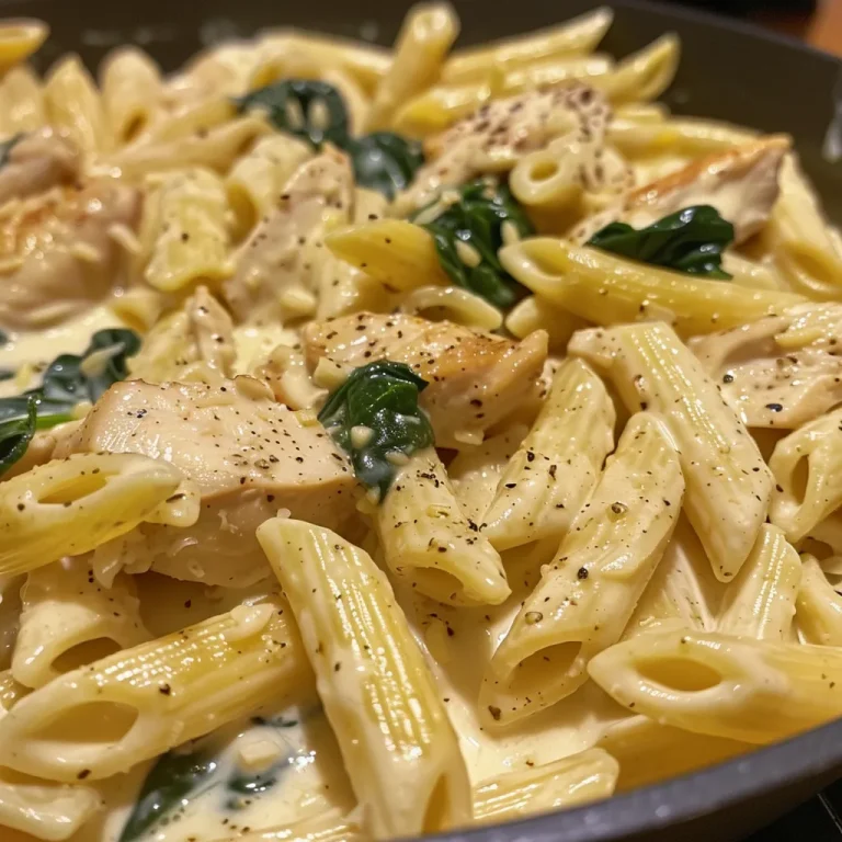 The Heartwarming Creamy Garlic Chicken Pasta That Brings Family Together Close-up view of creamy garlic chicken atop spinach penne pasta.