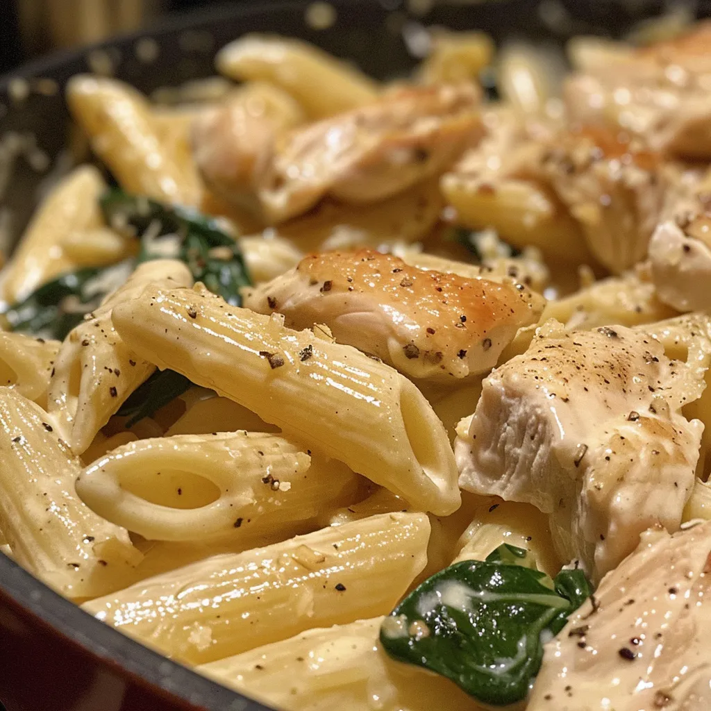 Juicy chicken pieces and vibrant spinach mixed with penne pasta in a creamy sauce.