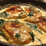 Close-up view of creamy garlic chicken with spinach on a plate, garnished elegantly.