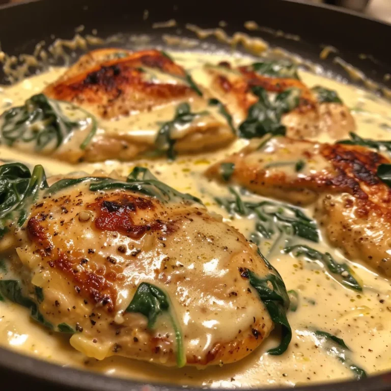 A Hearty Creamy Garlic Chicken that Whispers Comfort Close-up view of creamy garlic chicken with spinach on a plate, garnished elegantly.