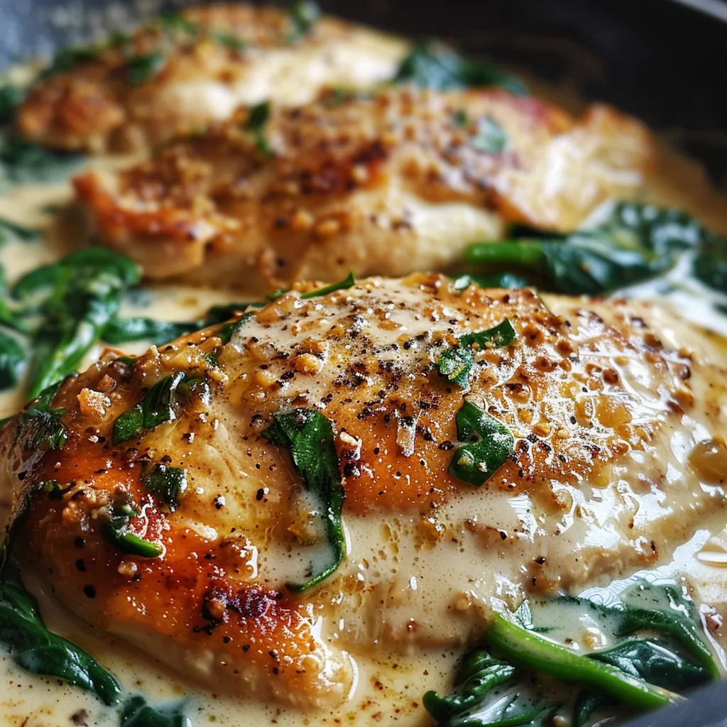 Juicy chicken breast covered in a rich garlic cream sauce with fresh spinach beside it.