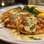 Close-up view of creamy lemon-basil chicken cutlets garnished with fresh basil.
