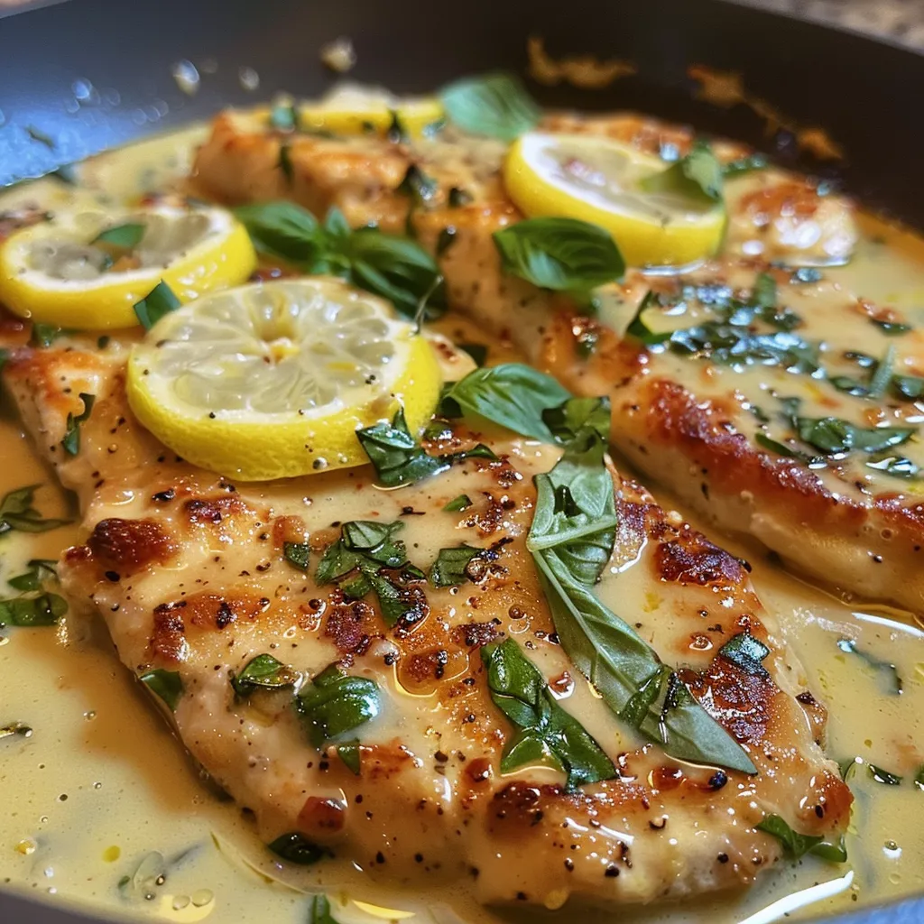 Side view of juicy chicken in a creamy lemon sauce with basil leaves on top.
