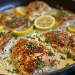 Close-up of a creamy lemon chicken dish with herbs and garnishes.