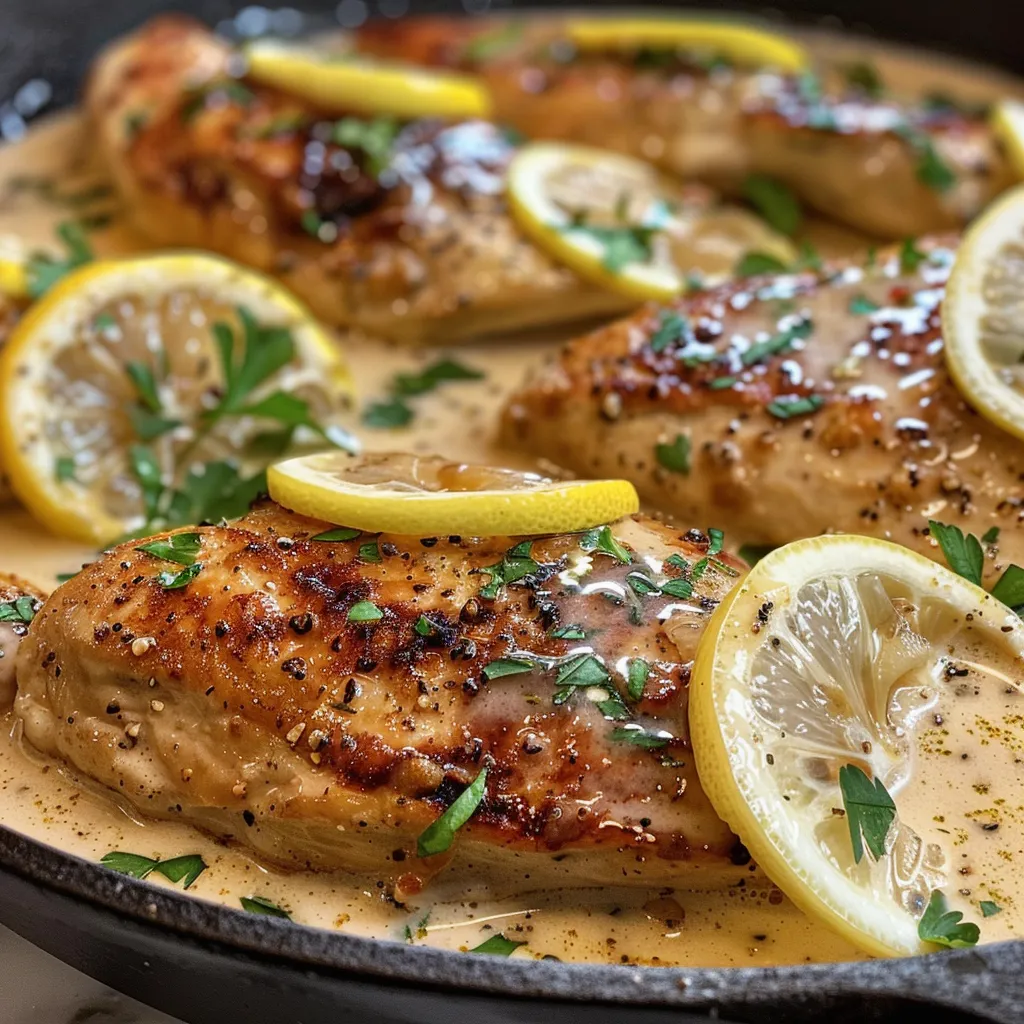 Juicy lemon chicken skillet topped with parsley and lemon zest.