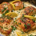Close-up view of a creamy lemon chicken dish garnished with fresh parsley.