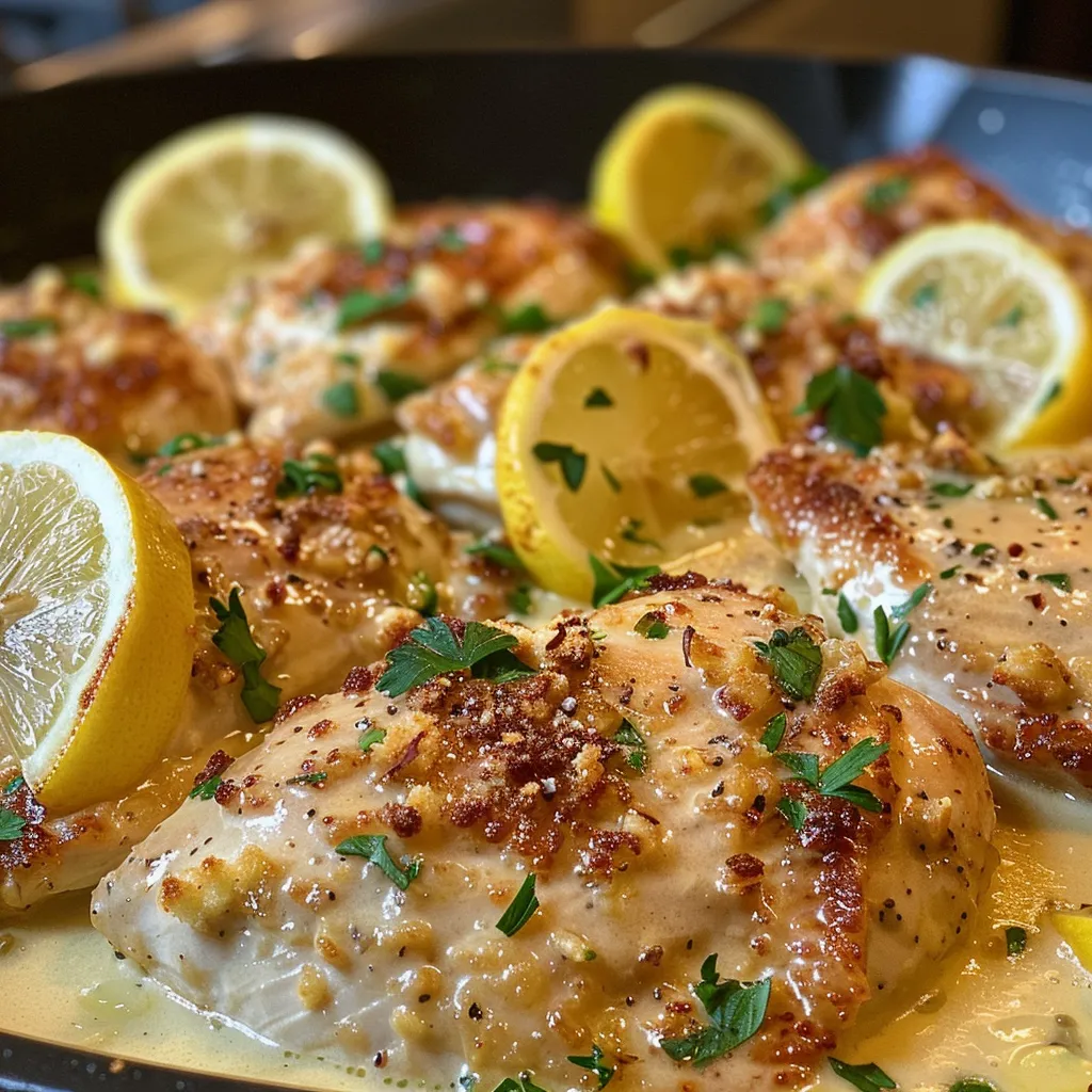 Juicy creamy lemon chicken on a plate, showcasing its rich sauce and zest.