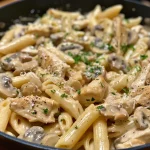 Close-up of creamy mushroom chicken pasta, showcasing the rich sauce and garnished with parsley.