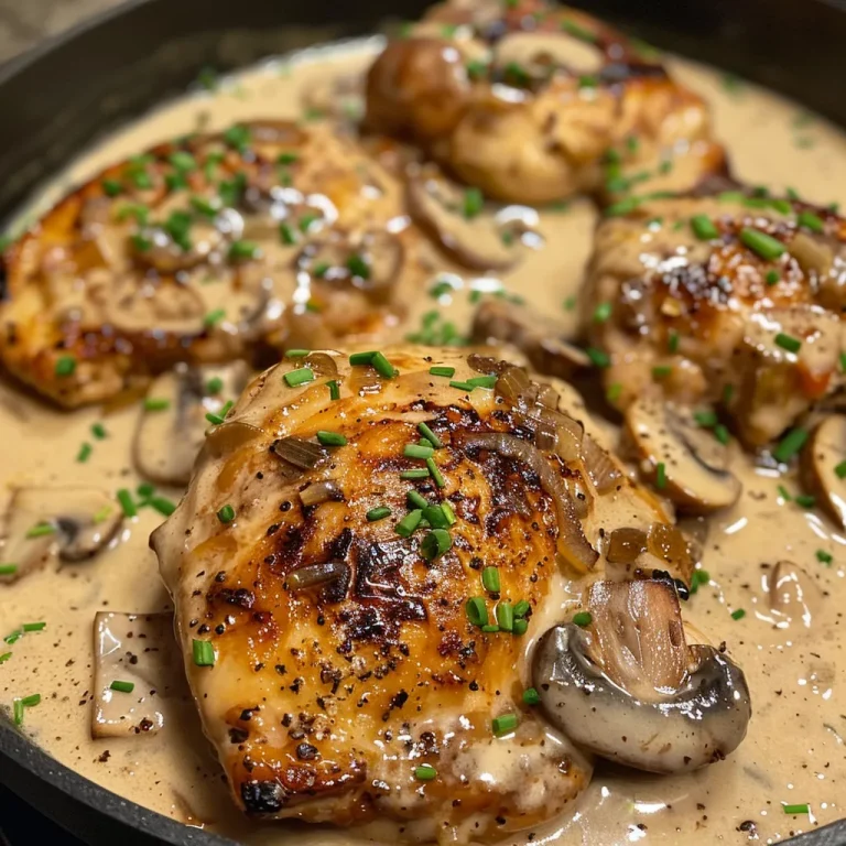Close-up view of creamy mushroom chicken with herbs on a plate.