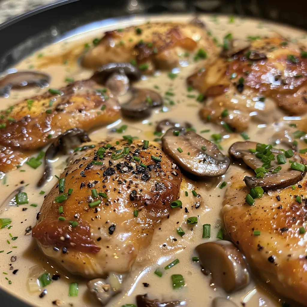 Juicy chicken thighs topped with mushrooms and creamy sauce.