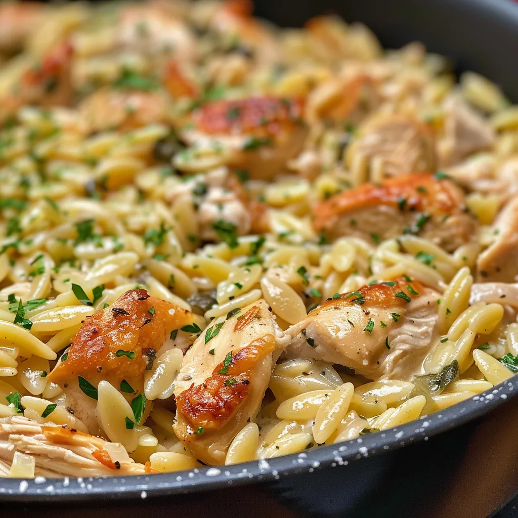 Close-up of a hearty dish of Creamy One-Pot Chicken Orzo with visible garlic and spinach.