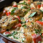 Juicy Creamy Parmesan Basil Chicken garnished with fresh basil on a plate.