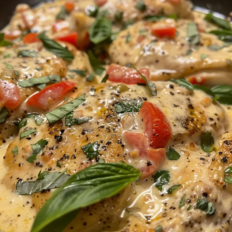 Juicy Creamy Parmesan Basil Chicken with vibrant basil and red peppers.
