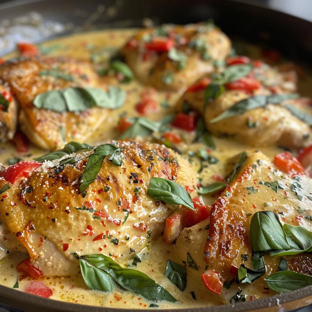 Close-up view of creamy chicken dish featuring basil and roasted red peppers.