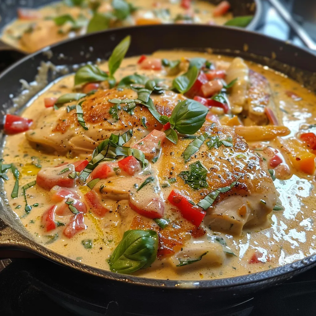 Close-up of tender chicken breast in creamy sauce garnished with fresh basil.