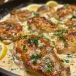 Close-up view of a creamy parmesan lemon chicken dish garnished with parsley.