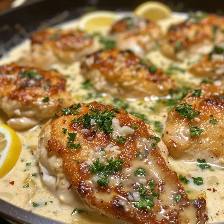 Close-up view of a creamy parmesan lemon chicken dish garnished with parsley.