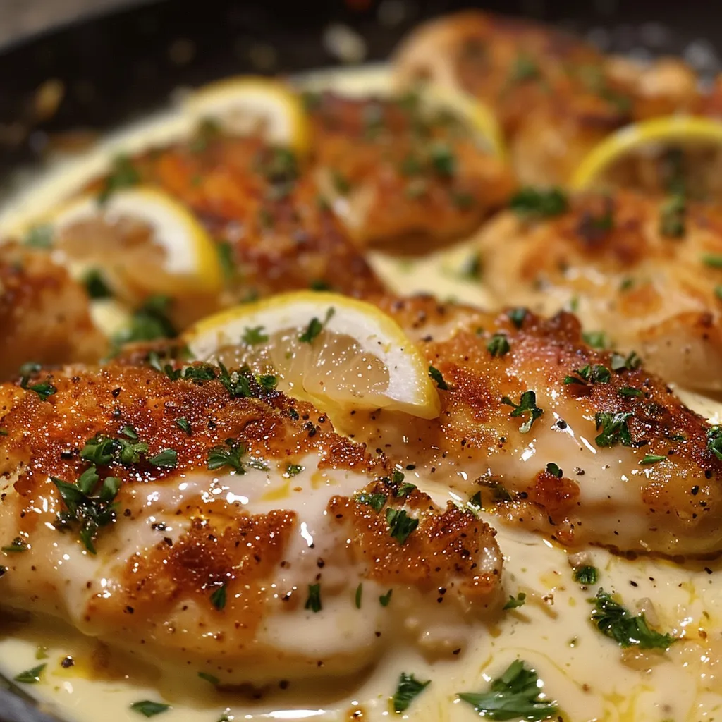 Juicy chicken breasts covered in a creamy lemon and parmesan sauce in a side view.