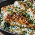 Close-up of creamy spinach rice topped with spicy garlic chicken on a plate.