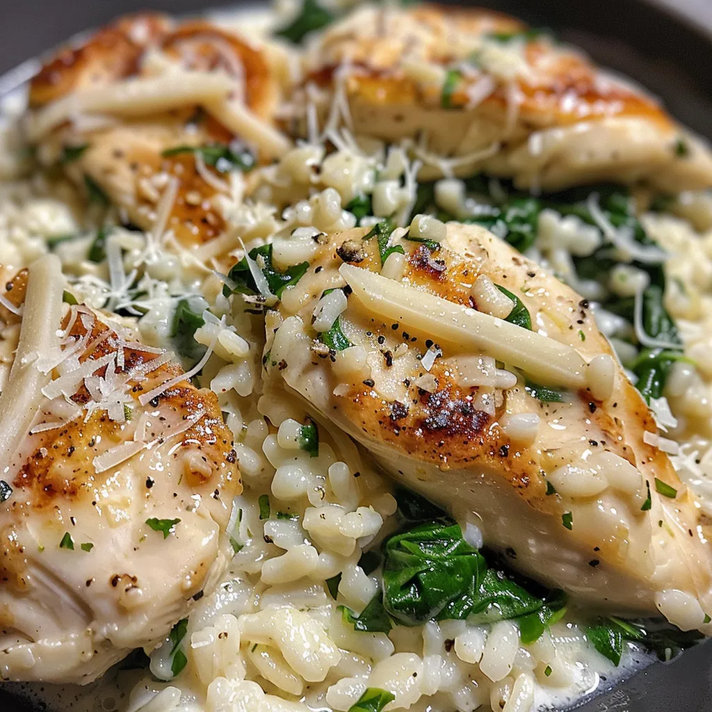 Juicy chicken fillets served over a bed of creamy parmesan spinach rice.