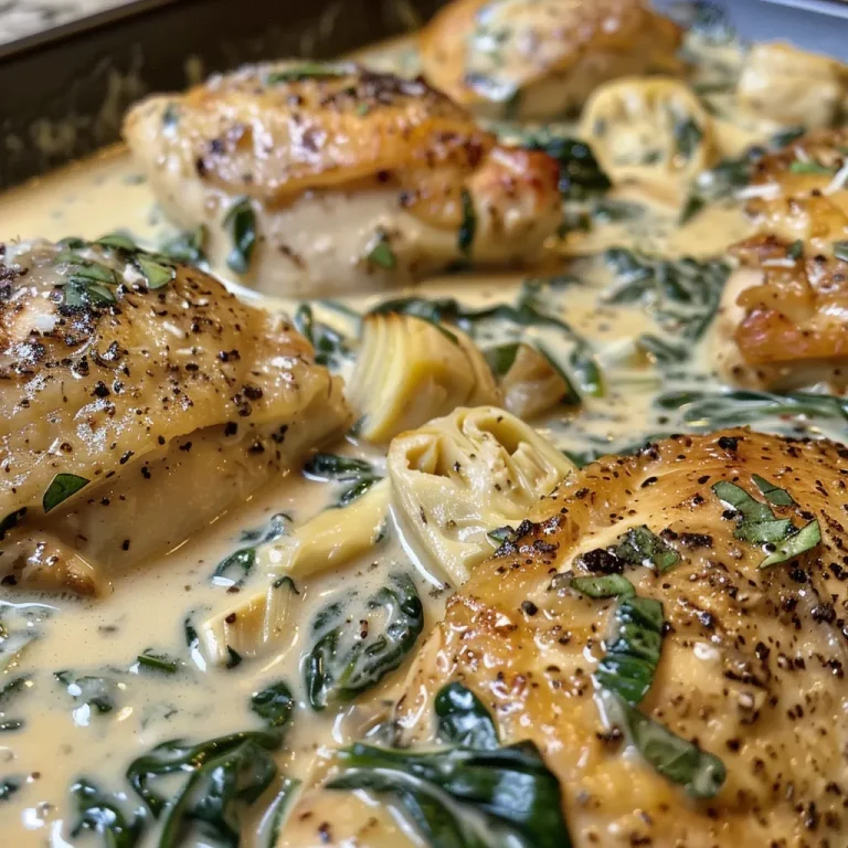The Skillet Chicken Dish Your Family Will Crave After Busy Days Close-up of a creamy spinach artichoke chicken skillet, showcasing juicy chicken in a rich sauce.