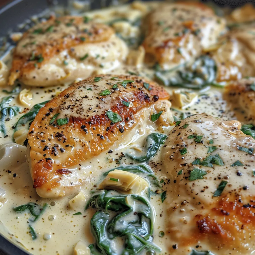 A side view of a pan filled with creamy spinach and artichoke chicken, highlighting vibrant green spinach.