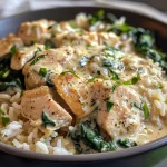 A close-up side view of a creamy spinach chicken rice bowl filled with juicy chicken and vibrant spinach.