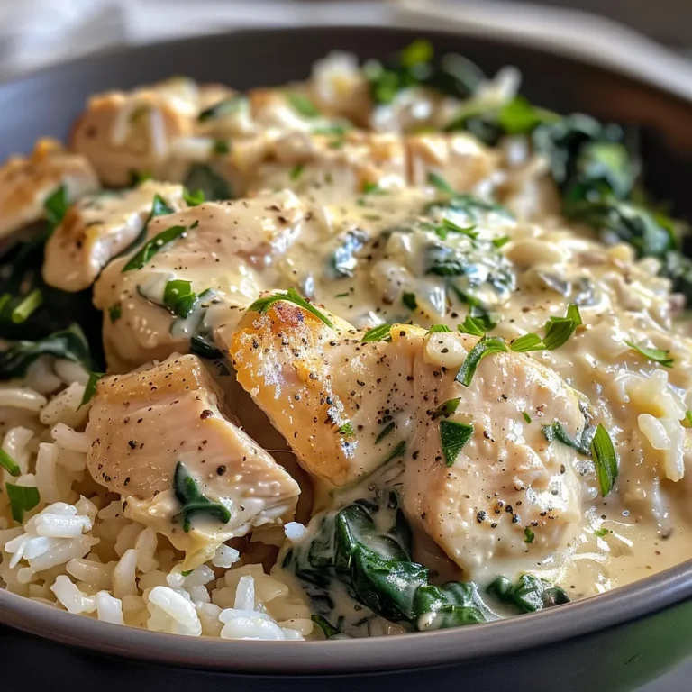 Nourishing Bowls of Comfort The Creamy Spinach Chicken Rice Recipe That Warms Hearts A close-up side view of a creamy spinach chicken rice bowl filled with juicy chicken and vibrant spinach.